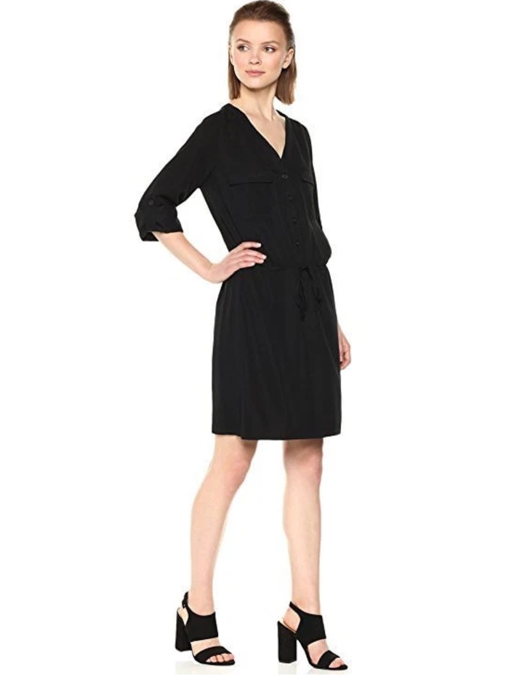 Max Studio Black V-Neck Drawstring Shirt Dress